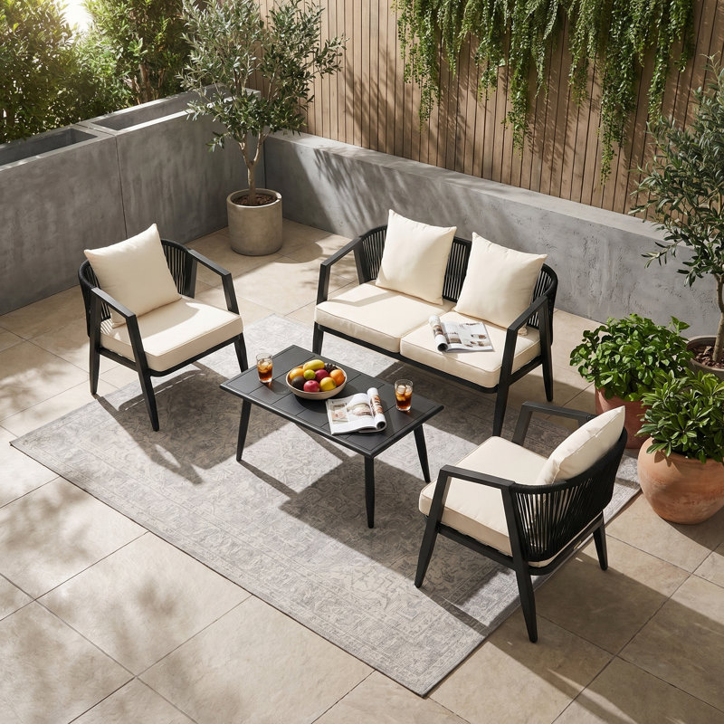 U_STYLE Outdoor Seating Set with Iron Frame & Cushions, Beige