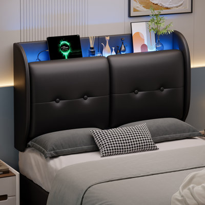 Wingback Upholstered Headboard With Storage Shelf, USB And Ambient Light