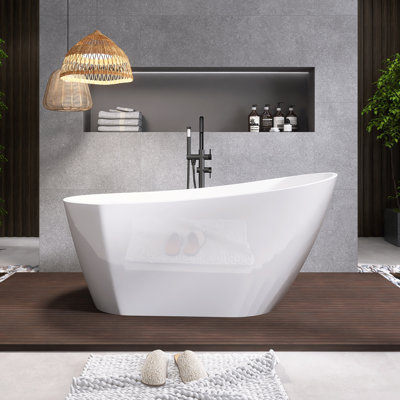 59" Freestanding Soaking Acrylic Bathtub In Gloss White