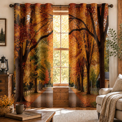 2 pièces d'automne, arbres de route à imprimé de rideaux bloquant le soleil, anneau de feuillage d'automne vif, anneau de lumière décoratif pour le salon, le café de la chambre à coucher et le salon