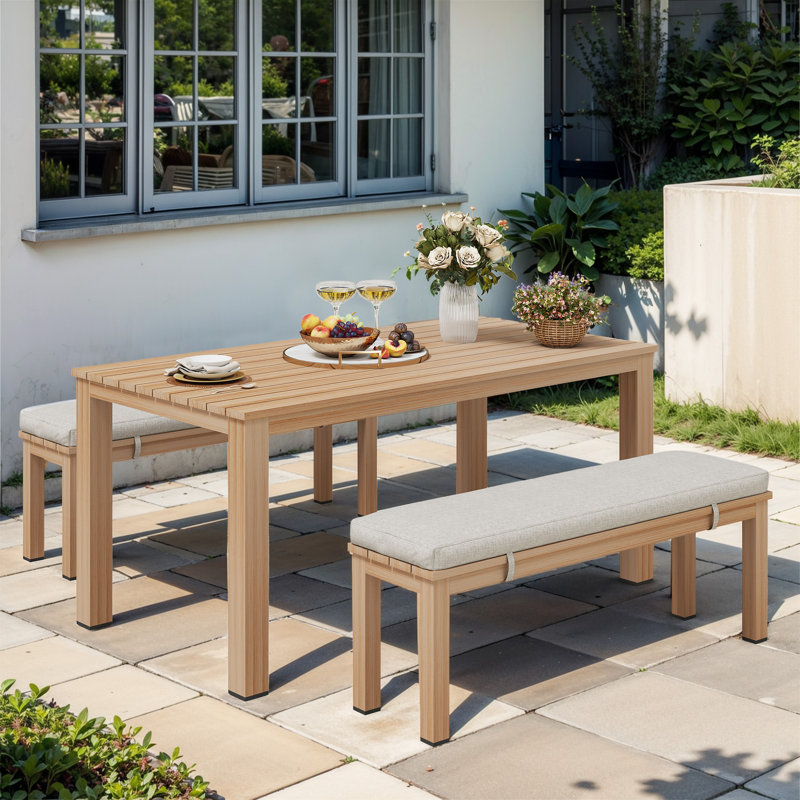 Ensemble repas d'extérieur rectangulaire en aluminium pour 4 personnes avec coussins, Noyer