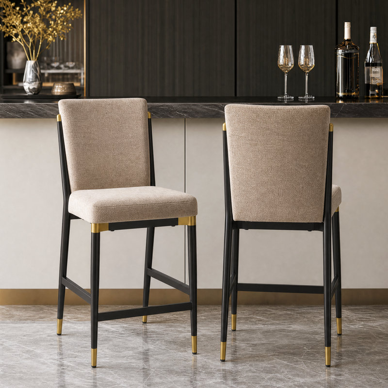 Tabouret de comptoir rembourré en fer Blondell, Coussin brun clair / structure noire