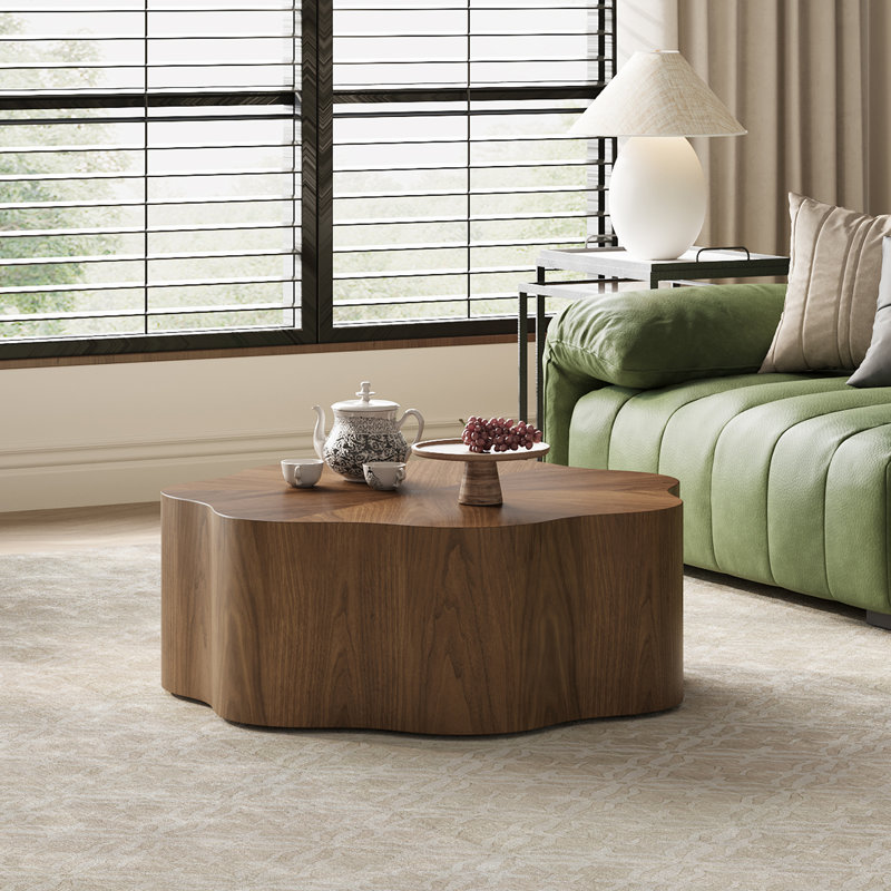 Table basse 35 po en forme de fleur Mid Century, placage de bois massif pour le salon, brun