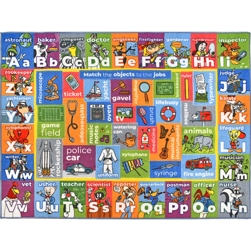 Looney Tunes ABC Jobs Object Educational Fun Learning Game Non Slip Kids Rug Classroom Playroom Mat, Rectangle 5'3" x 6'6"