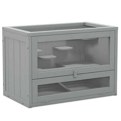 Cage à 2 niveaux pour petits animaux, gris. Fabrication en bois de sapin avec plateau supérieur et porte avant. Tablette et incluse. Convient aux hamsters, souris, chinchillas et cochons d'Inde. Spacieux et ventilé. Facile à