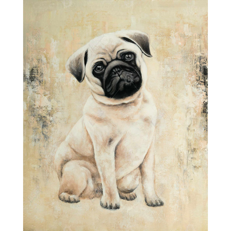 Toile encadrée beige avec petit chien carlin - Art Mignon