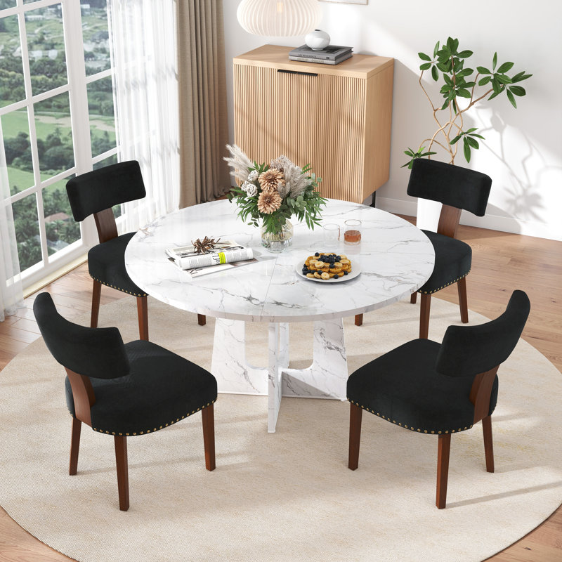 47in Round Dining Table, Farmhouse Kitchen Table with Oak/Walnut/Marble White Finish for Dining Room Kitchen Living Room（Only Table）