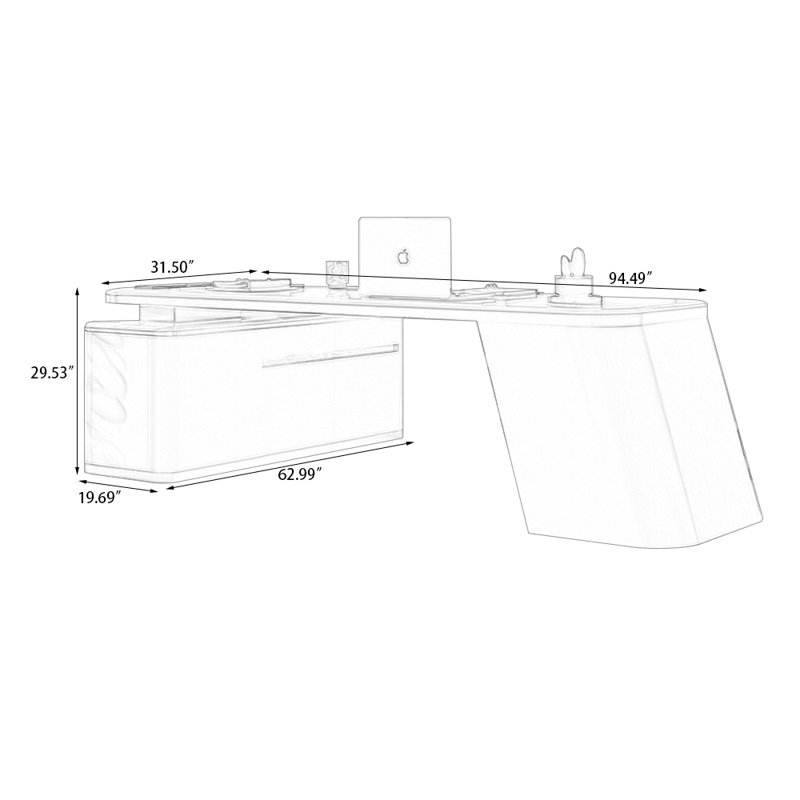 Bureau en L massif et bois manufacturé en L avec 2 tiroirs, H 29,53 po x l 94,49 po x P 31,5 po, Doré