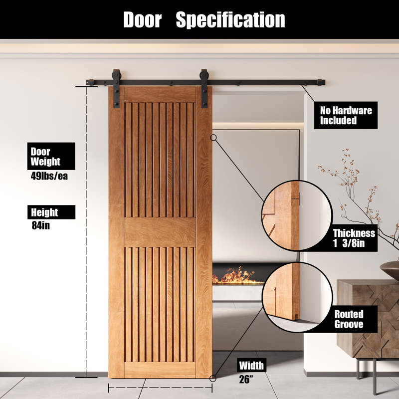 Porte de grange en bois de pin à finition verticale Homacer à rayures verticales Homacer, 26 po x 84 po