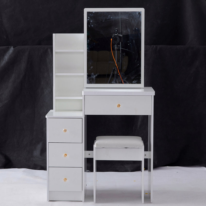 29.2" Small Space Left Bedside Cabinet Vanity Table + Cushioned Stool, Extra Large Right Sliding Mirror, Multi Layer High Capacity Storage, Practical Fashionable Dresser, Suitable For Small Space