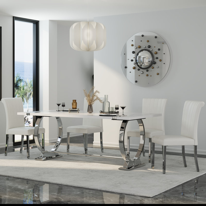 Ensemble de table de salle à manger 5 pièces moderne blanc et argent avec 4 chaises en cuir blanches, Blanc, Argent argent