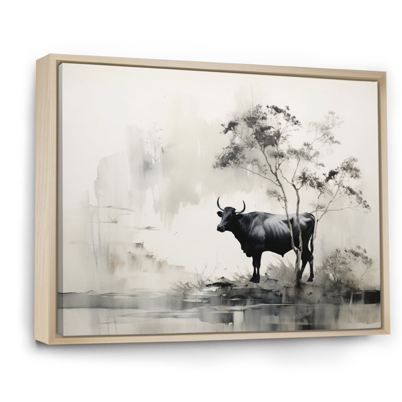 Art asiatique, vache Sumi xiv - impression, Cadre naturel flottant, H 24 po x l 32 po x P 1 po