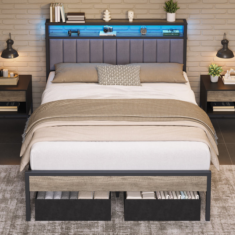 Tryston Full Bed Frame With Led Lights & 2 Storage Drawers, Gray, Gray, Full