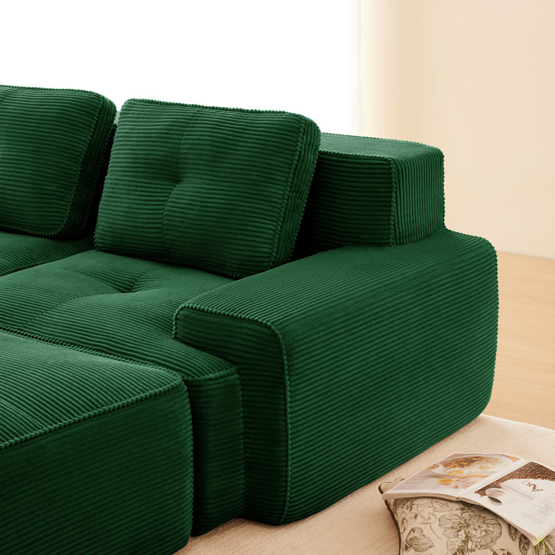 117" Modern U-Shaped Modular Sectional Sofa For Living Room, Corduroy Fabric, 3-Seater Couch With Deep Seat And Movable Ottoman,Pearl-Like Piping, Tufted Design,No Assembly, Anti-Slip Design​