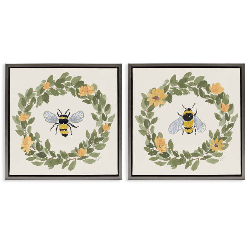 «Bumble Bees in Round Wreaths», ensemble de 2 toiles flottantes, design par Lucille Price, Cadre flottant gris lustré