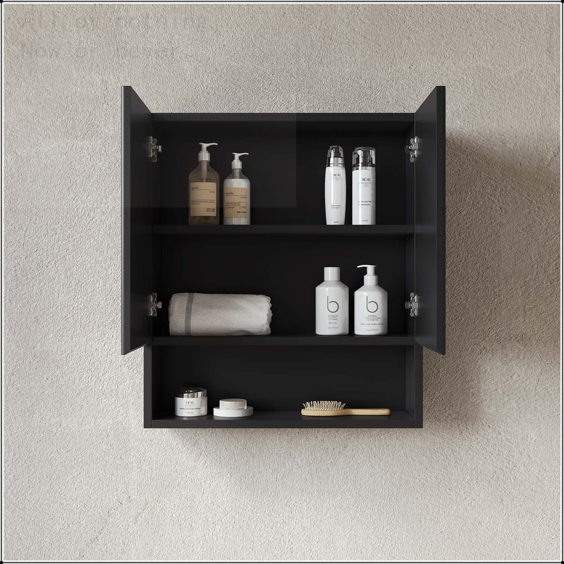 Armoire de salle de bain murale rayée avec rangement ouvert, Noir
