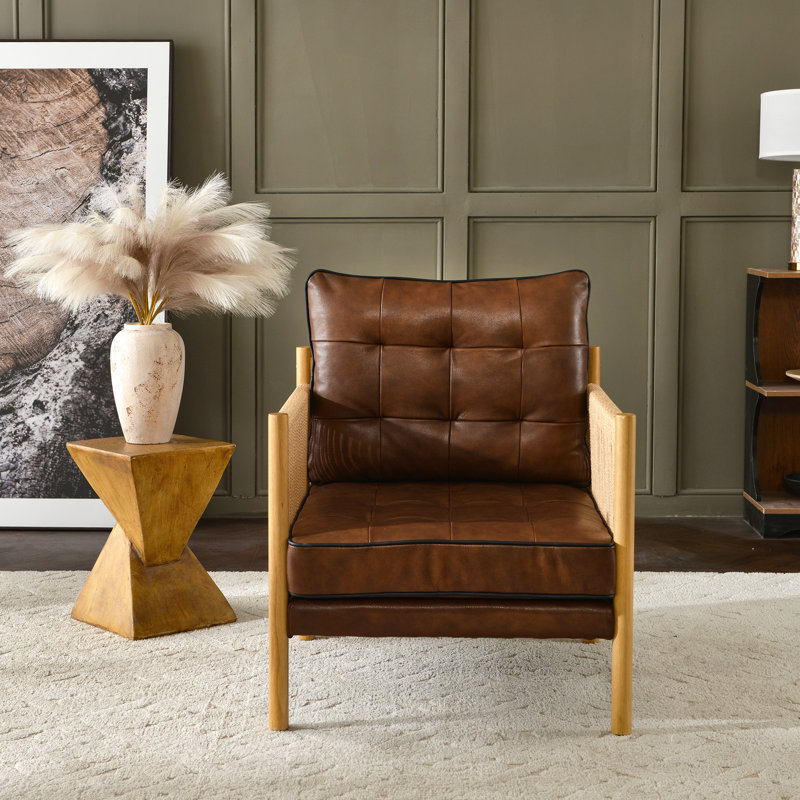 Fauteuil d'appoint en cuir véritable 28,7 po avec accoudoirs en corde de jute, Brun, Corde en jute