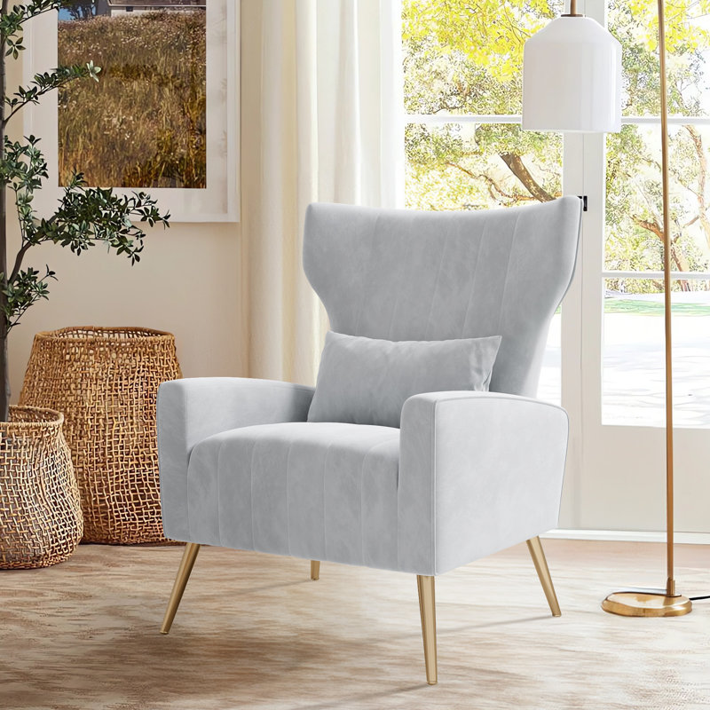 Modern Velvet Accent Chair With Wingback Design Gold Metal Legs And Pillow – Elegant Lounge Chair For Living Room & Bedroom