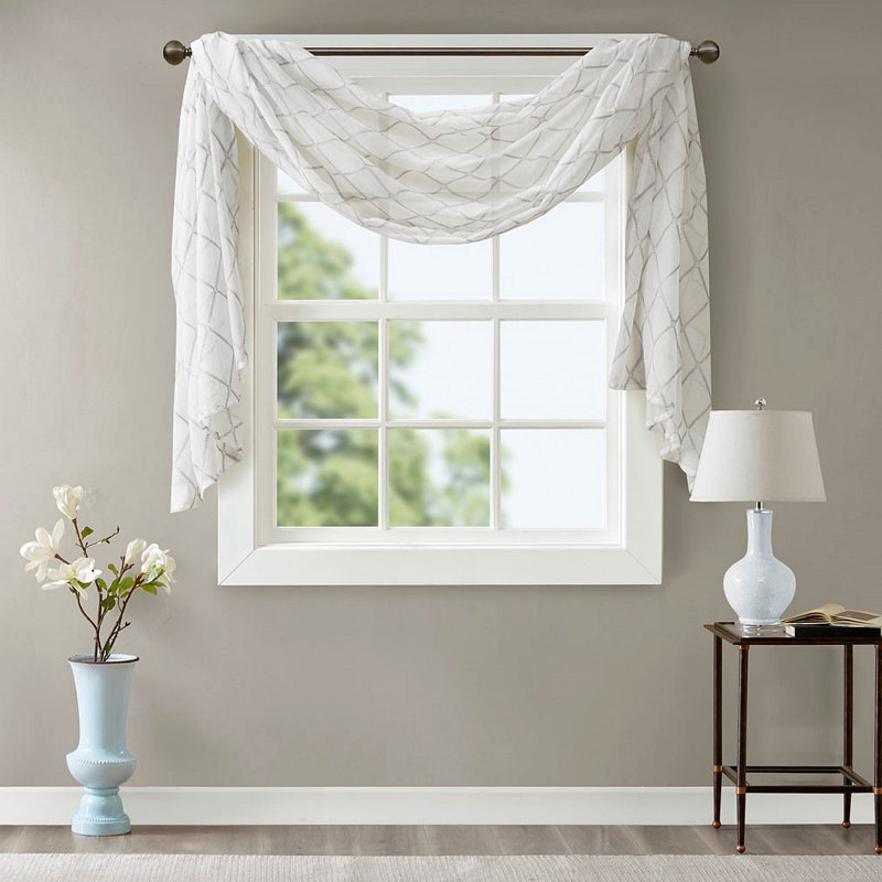 Écharpe de fenêtre transparente brodée diamant, Gris / Blanc, L 50,06 po x L 144,04 po