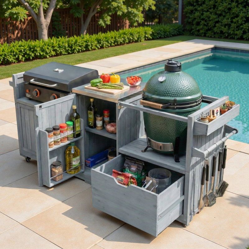 Îlot de cuisine extérieur avec plateau en acier inoxydable, tiroir, table d'appoint réglable, porte-serviettes en papier et support à épices