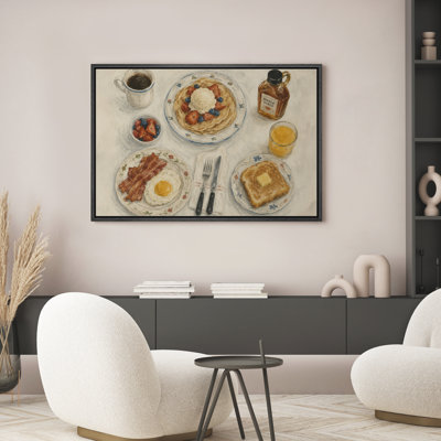«Rustic Morning Pancakes Bacon and Syrup Petit déjeuner Table Still Life», reproduction d'art sur toile encadrée dans la chambre principale