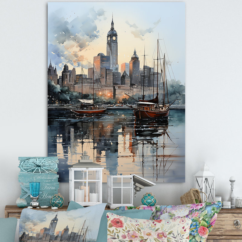 Impression sur toile Laquita New York Harbor Twilight, H 40 po x l 30 po x P 1,5 po, Toile tendue