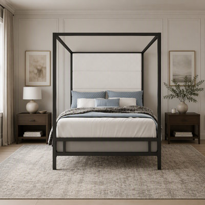 Modern Canopy Rinaldi with Linen Fabric Upholstered Headboard, Sturdy Metal 4-Poster Frame