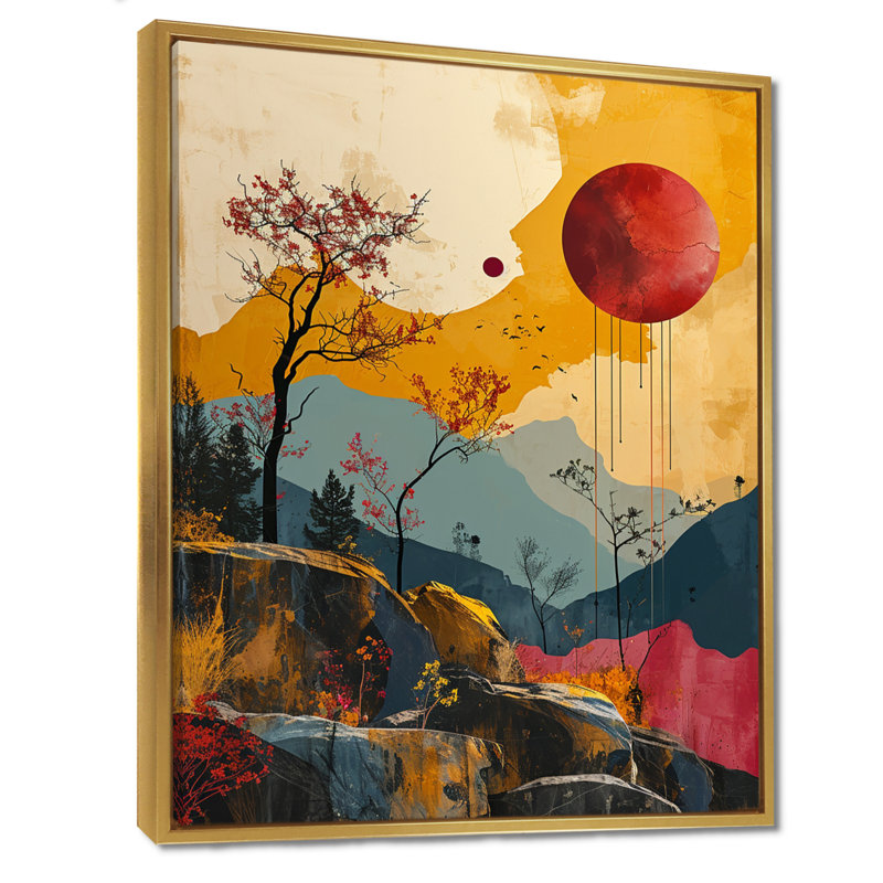 Red Moon Mountain, collage rétro - paysage abstrait, art mural, H 32 po x l 16 po, Cadre doré flottant, bois massif
