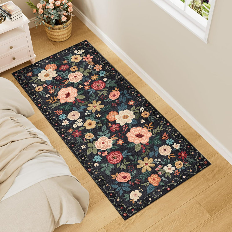 Tapis de cuisine floral lavable, Noir, Tapis de couloir 2 pi x 5 pi