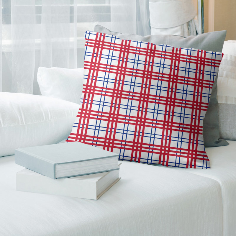 Housse de coussin carré et insert, 16 po x 1 po, Blanc / Bleu / Rouge, Polyester / mélange de polyester