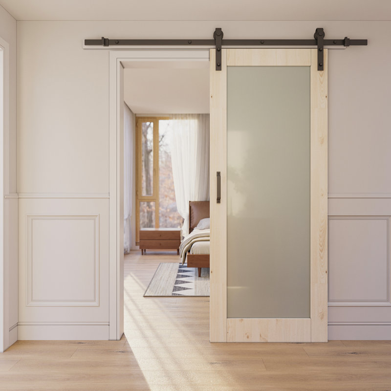 80"Frosted Glass Solid Pine Wood Sliding Barn Door with Installation Hardware Kit(No Assembly Required), 32'' x 80''