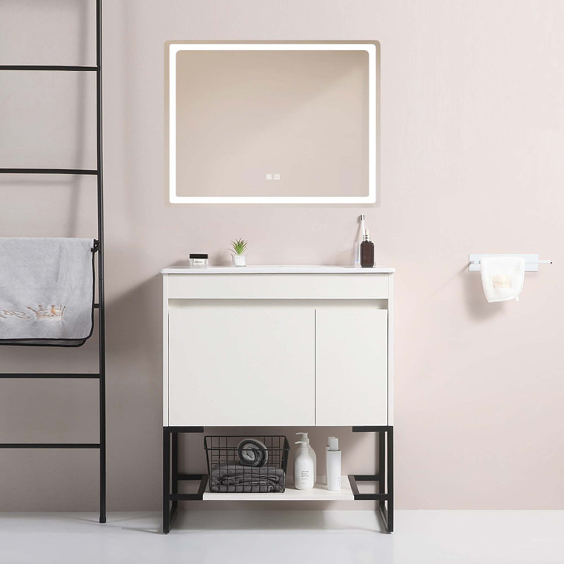 Meuble-lavabo de salle de bain avec lavabo, 1 porte à fermeture en douceur, tiroirs à fermeture en douceur et 1 tablette inférieure ouverte
