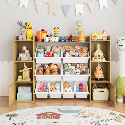 Kids Toy Storage Organizer - Premium Toddler Bookshelf with 8 Bins, 7 Open Shelves & 2 Doors for Living Room, Nursery & Playroom