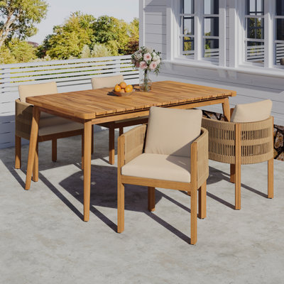 Ensemble de salle à manger d'extérieur avec table en bois d'acacia et 4 chaises, coussins lavables et imperméables, plateau à lattes pour patio, beige