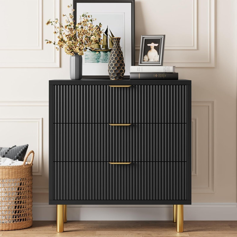 Modern 3 Drawer Dresser – Stylish Wood Chest with Gold Handles, Large Storage Drawers, Elegant Organizer for Bedroom, Living Room, Entryway