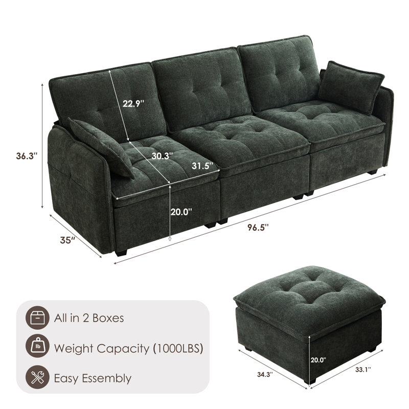 Canapé modulaire en chenille avec repose-pieds Cloud, Chenille verte
