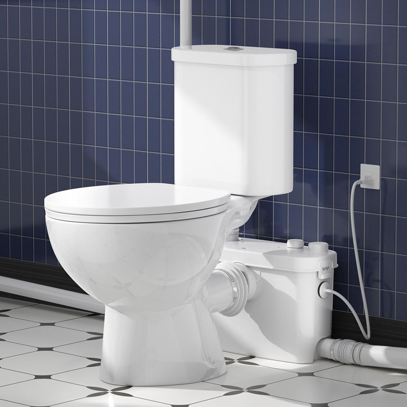 500w Macerating Toilet With 4 Water Inlet, Durable Pump, Two-piece Upflush Round Toilet For Basement-space Saving