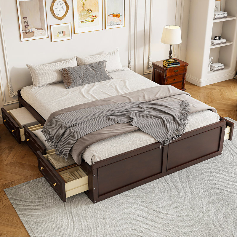Structure de lit plateforme en bois grand format avec 6 tiroirs, espresso, Espresso