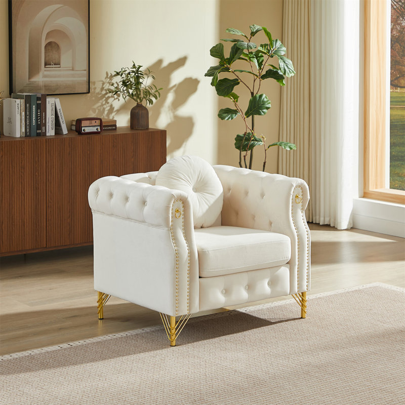 Canapé Chesterfield en velours avec coussins ronds, Beige
