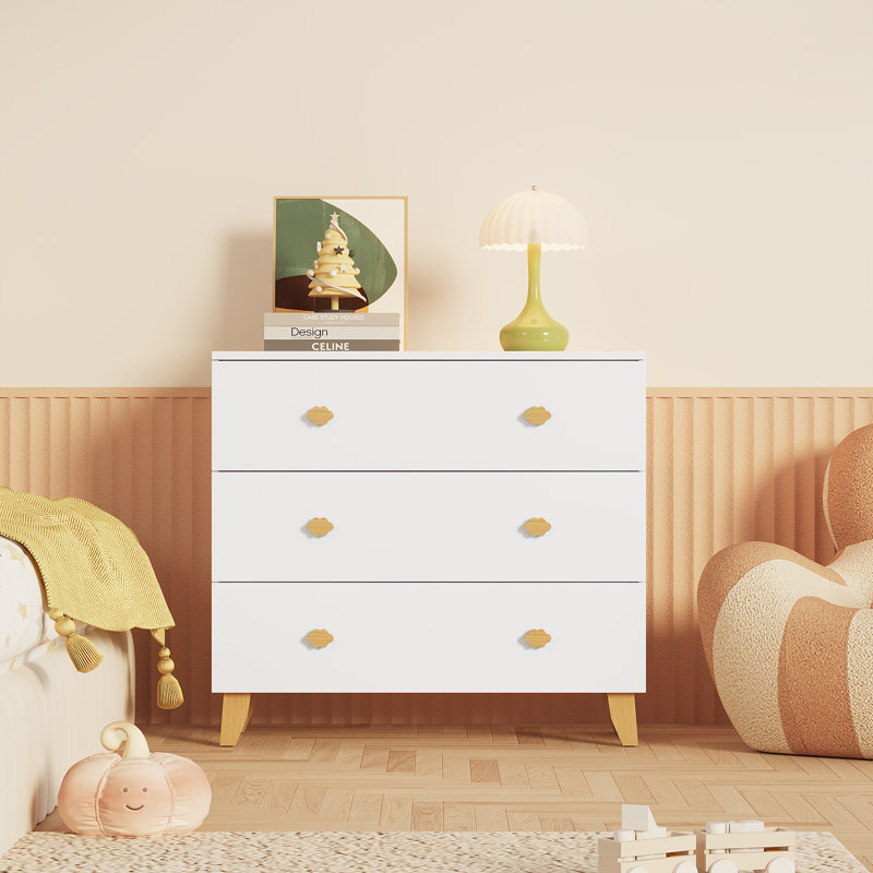 Commode pour enfants avec 3 tiroirs, poignées en bois et pieds en pin, commode en MDF pour chambre d'enfant, armoire de rangement pour chambre de bébé, blanc