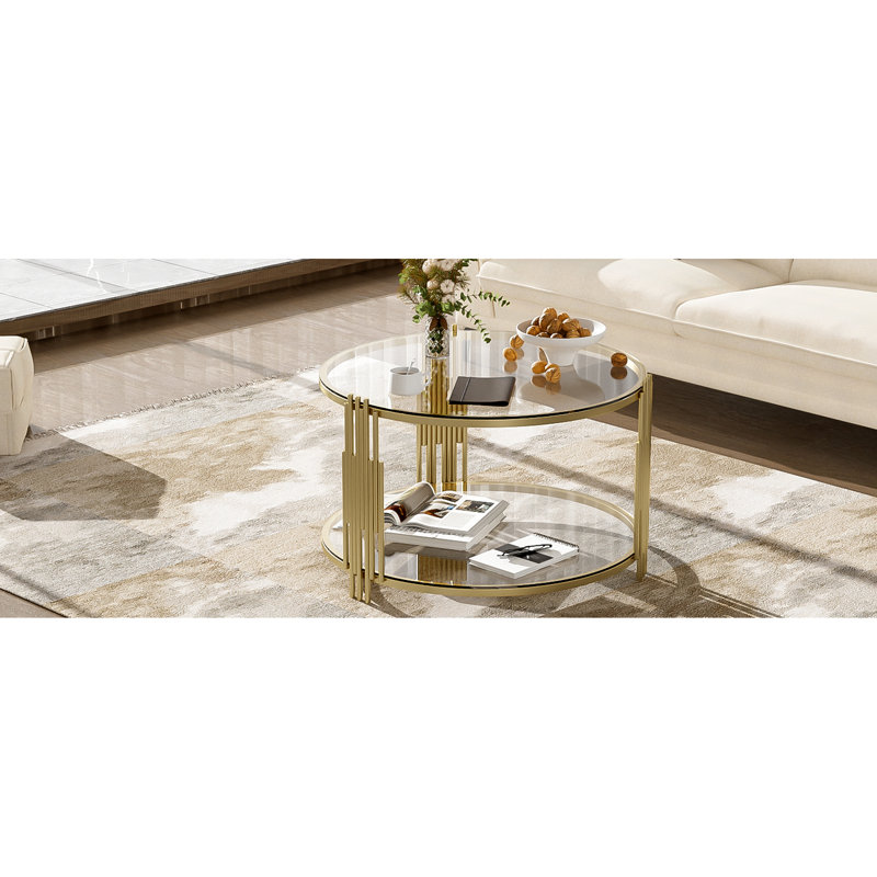 Table basse 31,5 po asymétrique en métal, plateau en verre transparent, base cylindrique avec tablette supplémentaire pour des fins pratiques et élégantes, design, tablette inférieure, longue durée