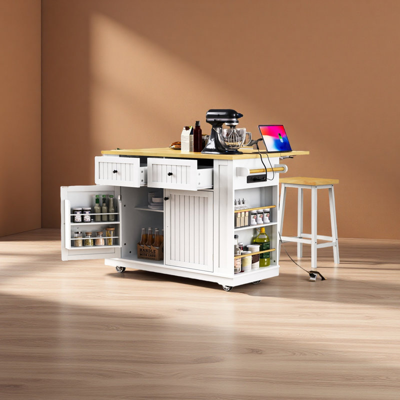 48Inch Large Kitchen Island With 2 Bar Stools, Power Outlet, Door Internal Storage Rack, White