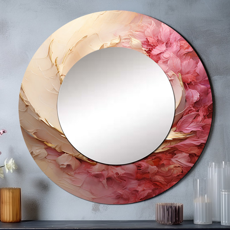 Beige rose minimaliste Spiral Poteries II - miroir décoratif spirales abstraites, miroir mural rond beige, impression d'art en métal