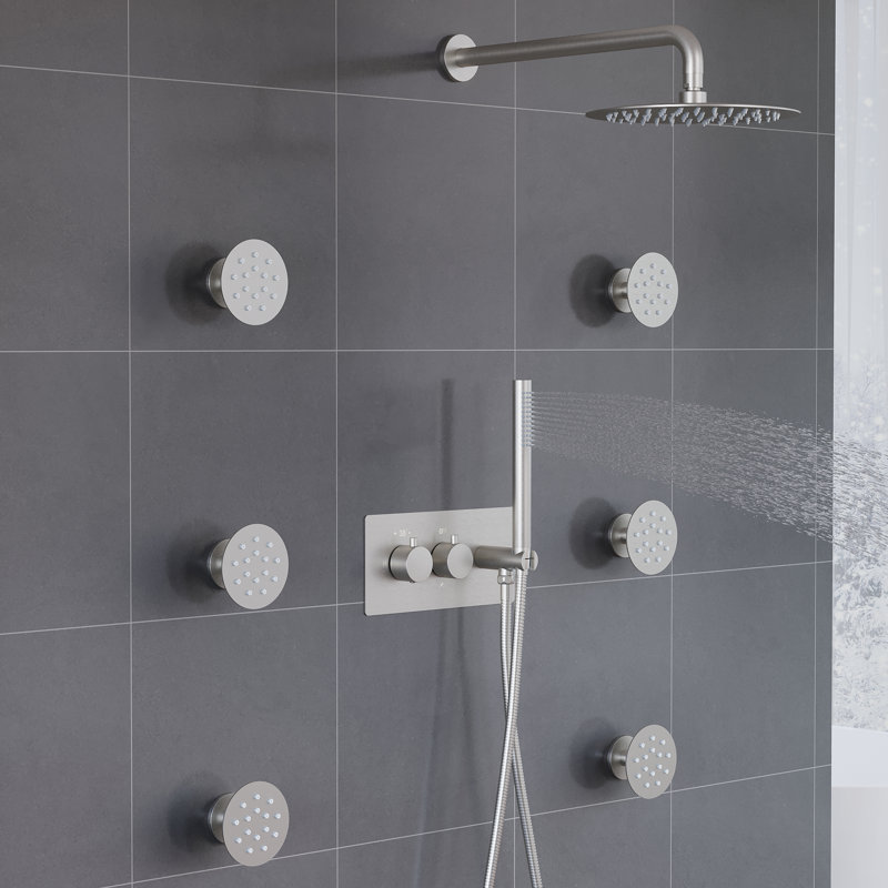Thermostatic Shower System With 10" Ultra-Thin Round Shower Head,Body Jets And Hand Shower, Brushed Nickel