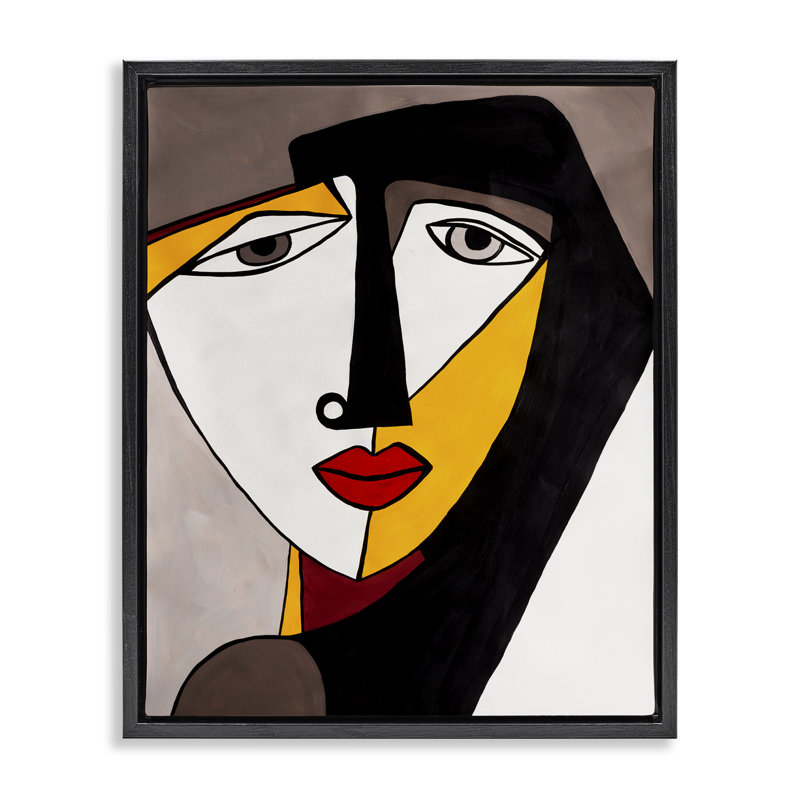 Art mural sur toile flottante cubiste à visage féminin par Ruth Fromstein, Cadre flottant noir de jais, H 21 po x l 17 po