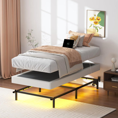 Twin XL Metal Bed Frame For Box Spring And Mattress, 7 Inch High 6-Leg Support Sturdy Bed Base With LED Lights And Charging Station, Easy Assembly, Black
