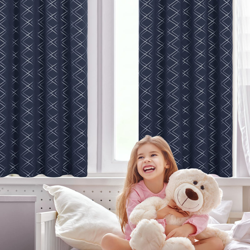 Silver Printed Room Darkening Grommet Curtains (Set of 2), 42" W x 63" L, Navy Blue