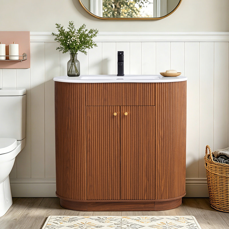 Ensemble de meuble-lavabo simple 35,83 "avec comptoir, robinet et armoire cannelée, Walnut