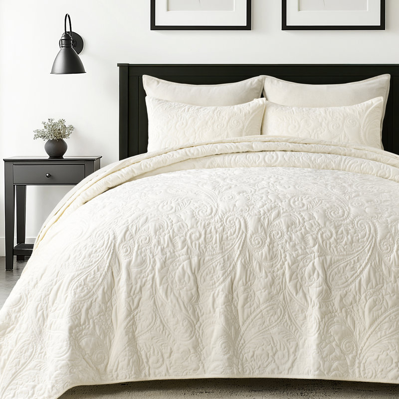 PearlVelvet Paisley Stitch Quilt set, King Quilt + 2 Standard Shams, Ivory White
