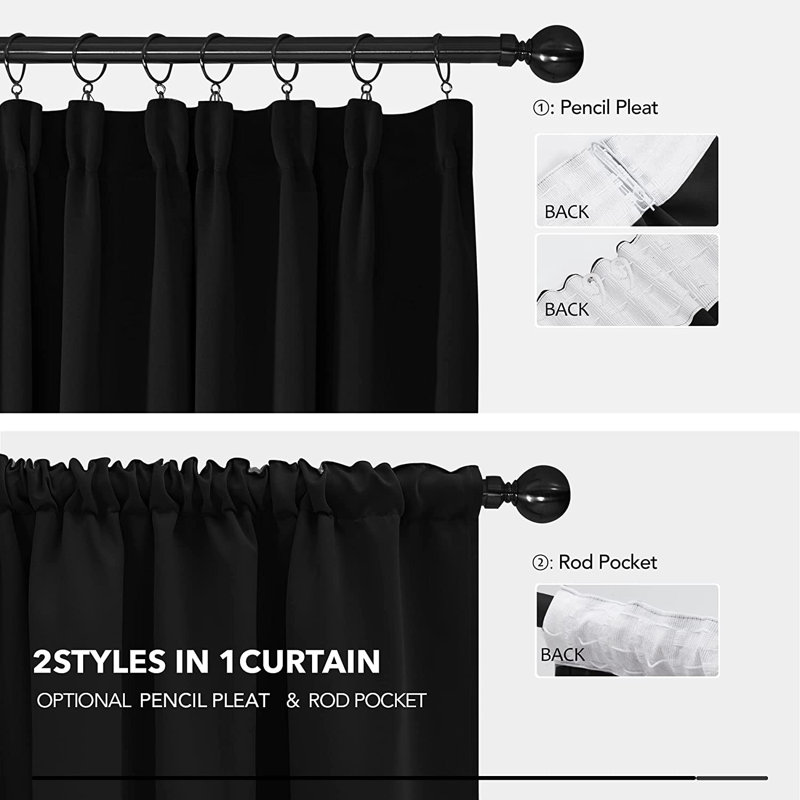 Hippen Blackout Door Curtain Pair, Black, 140 W x 245 D cm